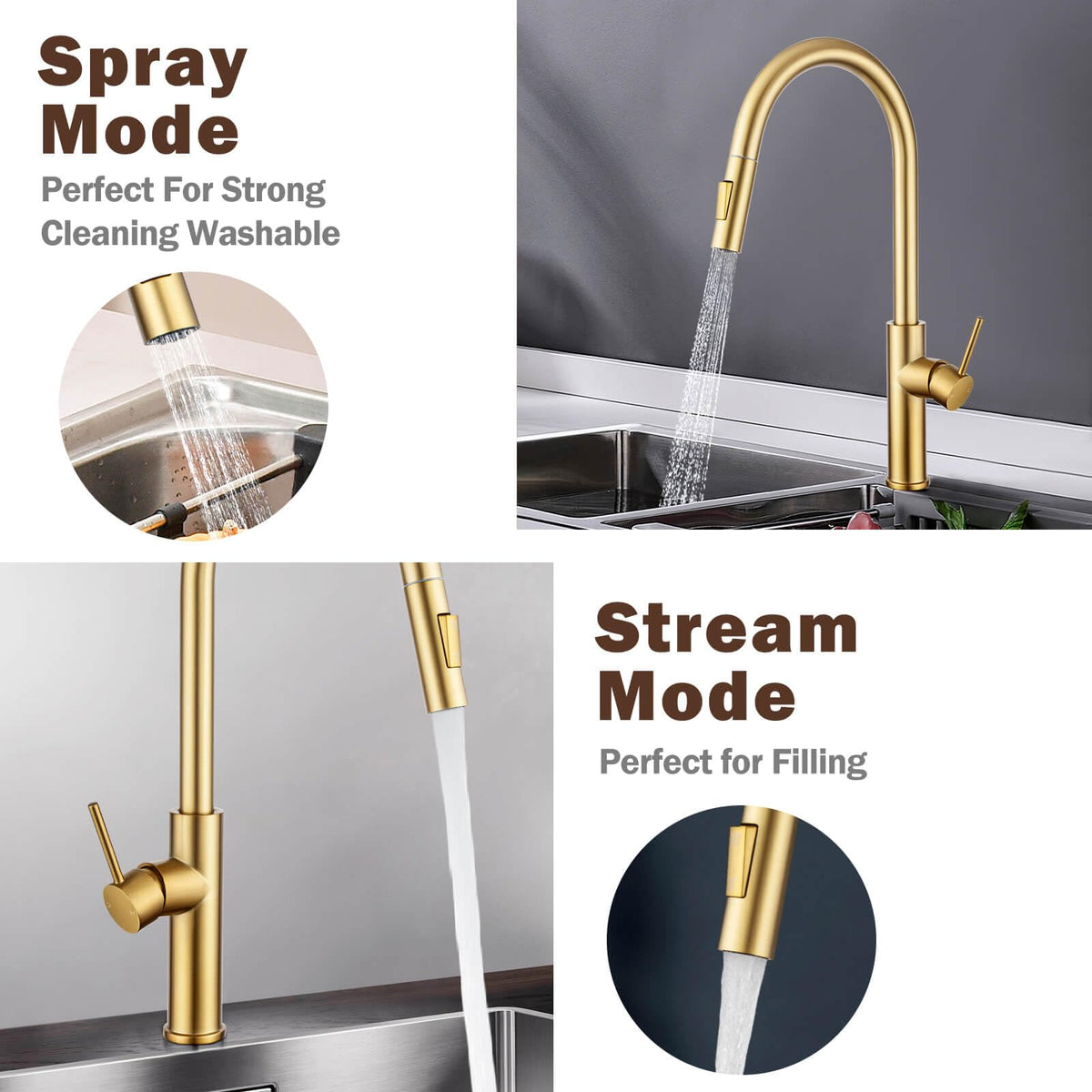 Brushed Gold 2-Mode Pull-Out Kitchen Mixer Tap