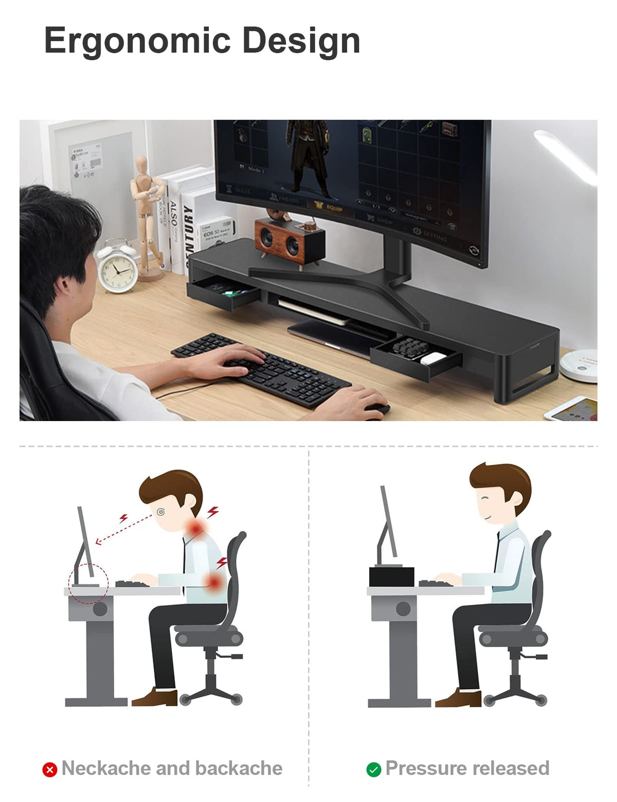 Dual-Monitor Riser with 2 Drawers & Keyboard Storage