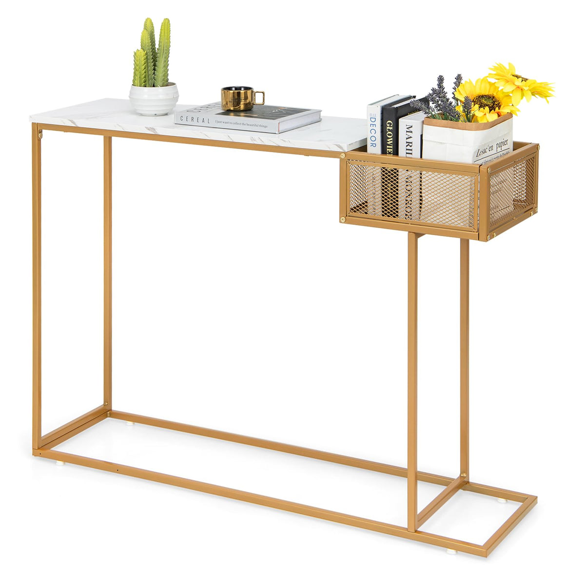White Faux-Marble Console Table with Wire Basket