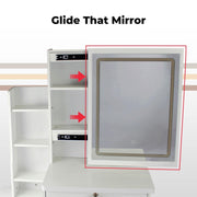 Dressing Table, Makeup Desk with Stool and Sliding Come with Storage and Drawer, Modern Design, White Makeup Table with Mirror and Chair, 3 Color and Brightness LED Mirror