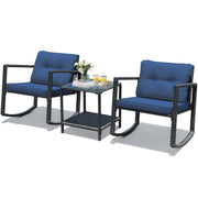 3-Piece Navy Rattan Rocking Chair & Glass Table Set