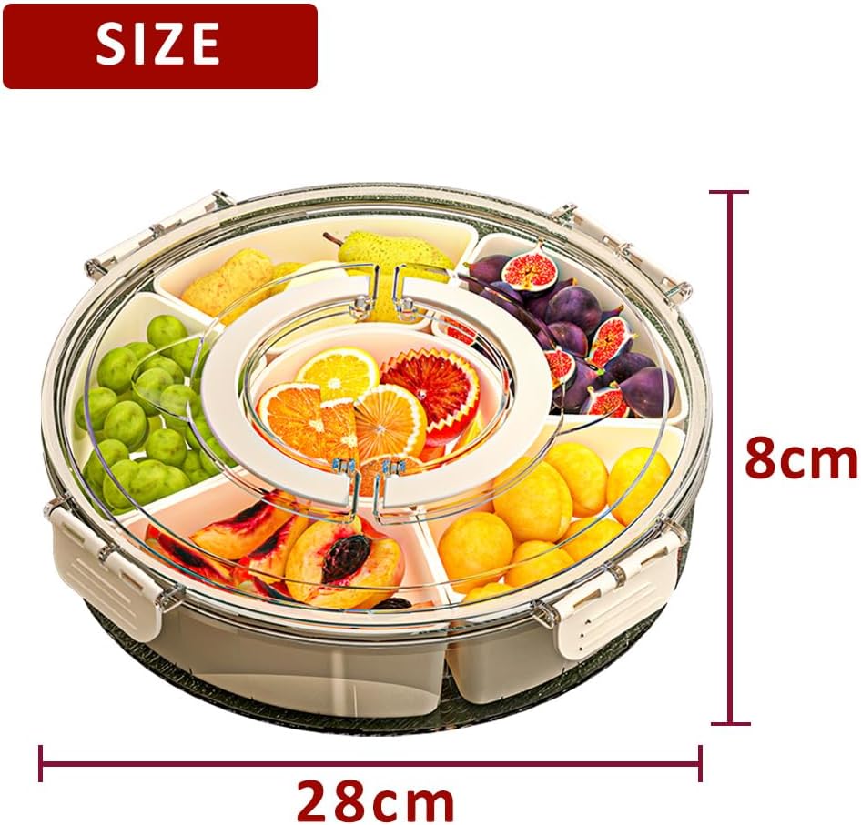 Portable Spinnable Snackle Box Container, Divided Dishes, Trays & Platters,Divided Rotating Serving Tray with Lid and Handle for Veggie, Fruit, Candy, Nuts, Divided Serving Platter