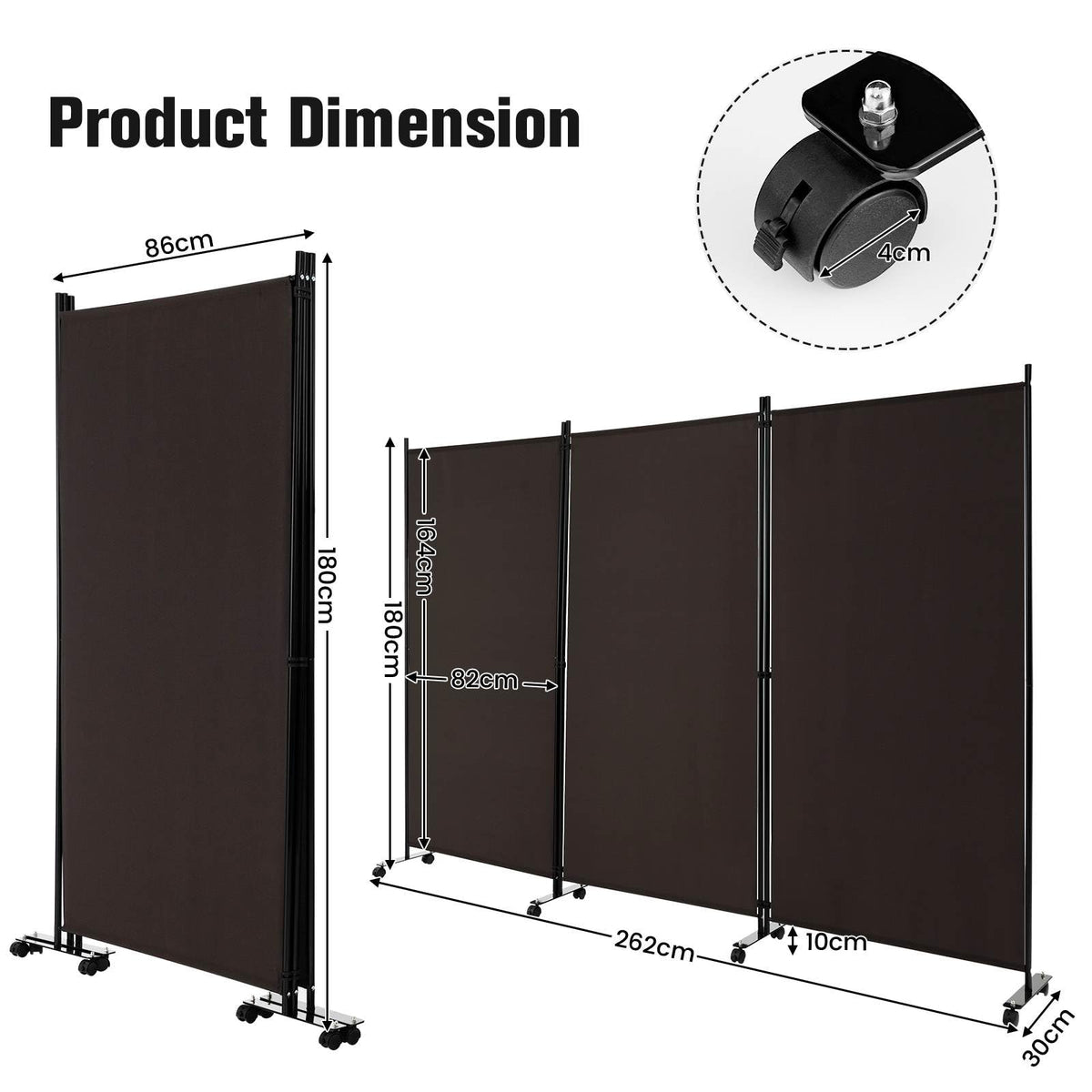 180cm Rolling 3-Panel Room Divider – Black or White Star