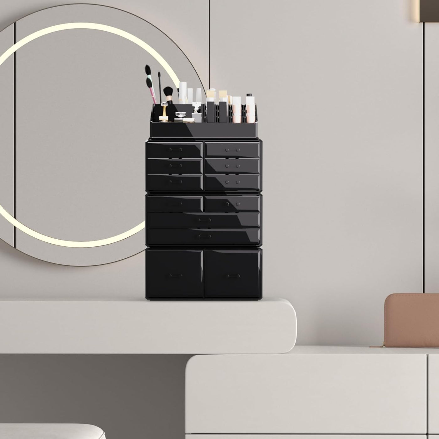 12-Drawer Stackable Makeup Organiser with 16 Top Compartments