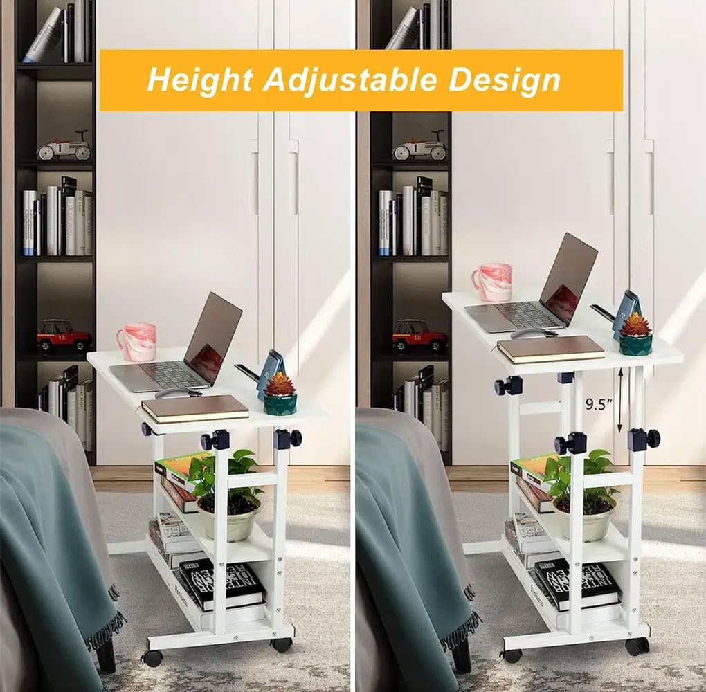 Adjustable Height Standing Large Desk,Portable Laptop Computer Desk,Office Furniture Small Spaces Desk Sofa Bedside Desk Learn Play Game Desk,Wheels Movable Storage Desk (White)