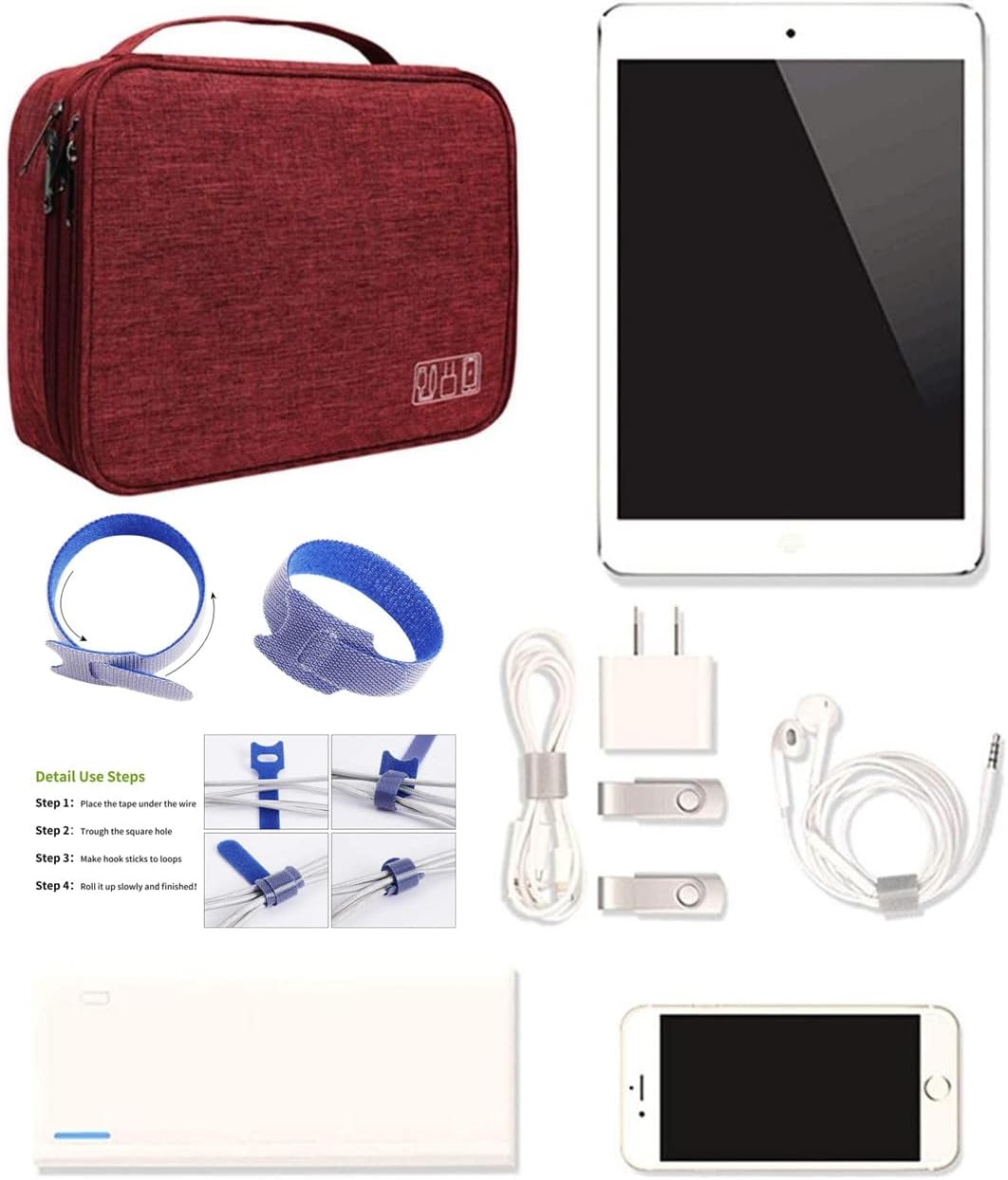 Padded Travel Electronics Organiser with 12 Cable Ties