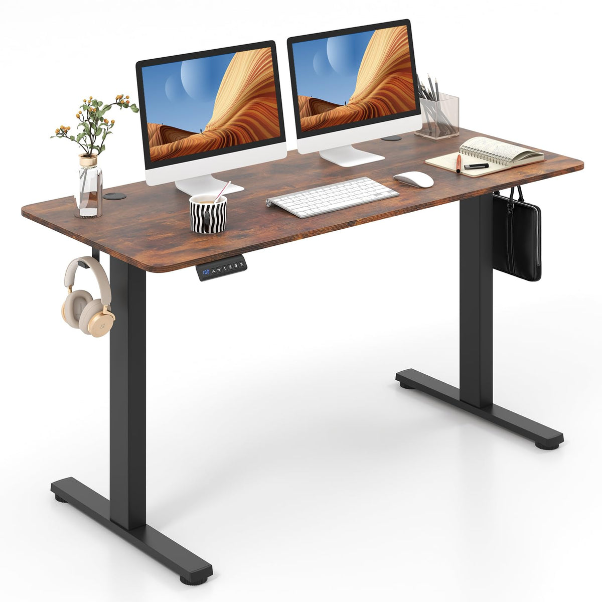 Electric Standing Desk, Sit Stand Home Office Desk with 3 Memory Height Settings, Height Adjustable Computer Desk with 2 Hanging Hooks & Cable Management