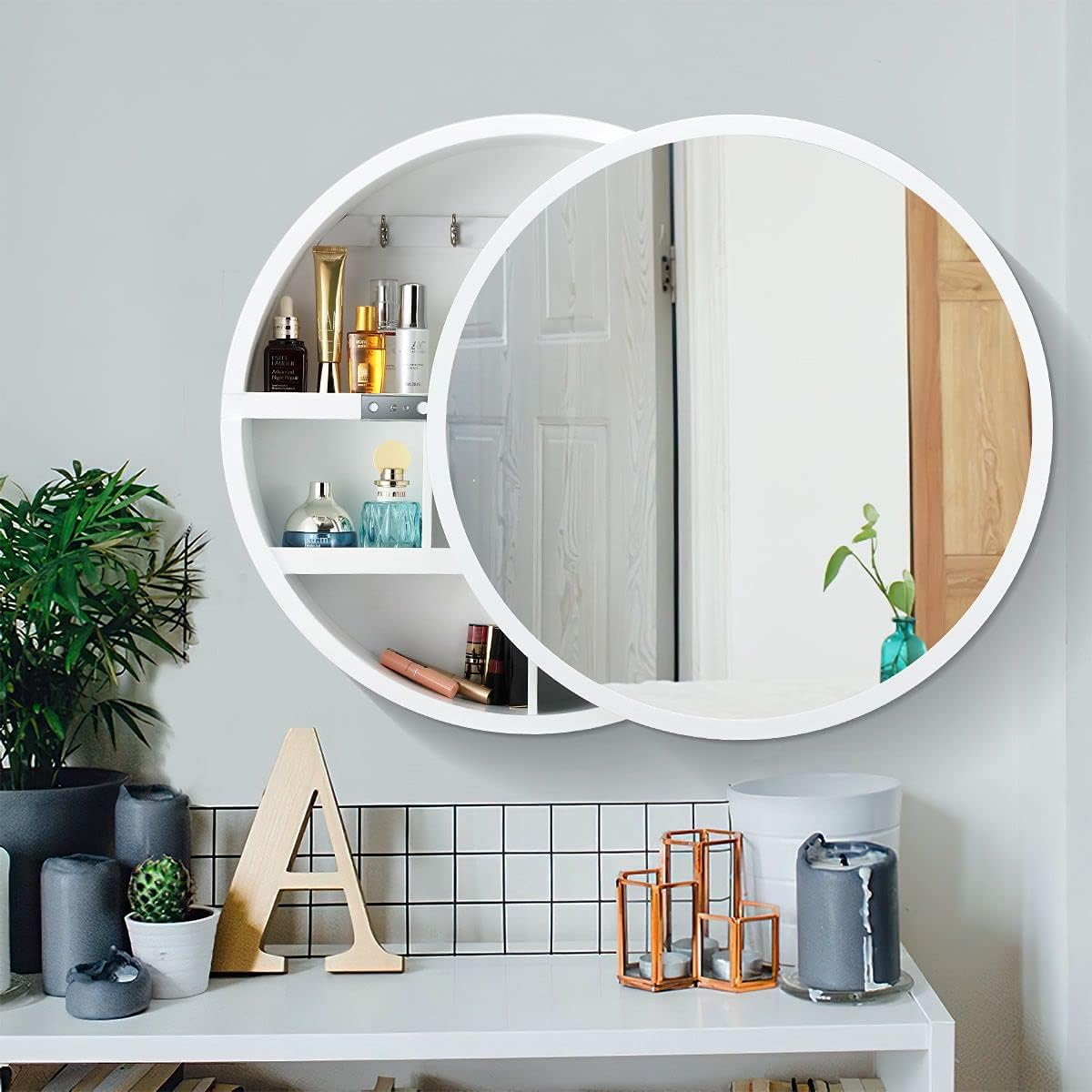 60 cm Round Sliding-Door Mirrored Bathroom Cabinet