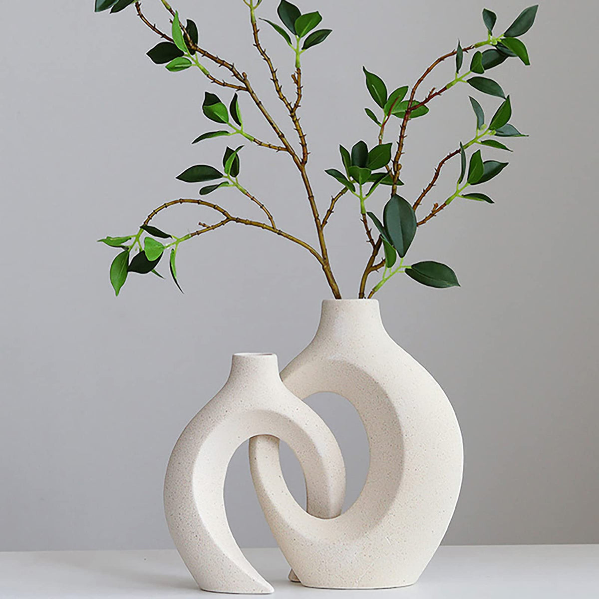 2-Piece White Ceramic Donut Vase Set