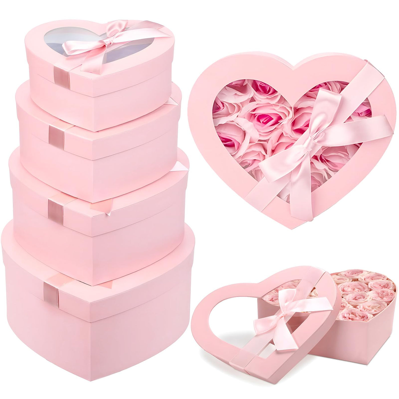 4-Piece Nesting Heart Gift Box Set with Clear Lids & Ribbons