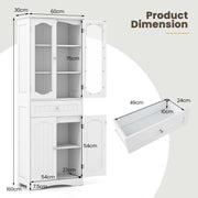 160 cm White Storage Cabinet with Glass Doors & Drawer