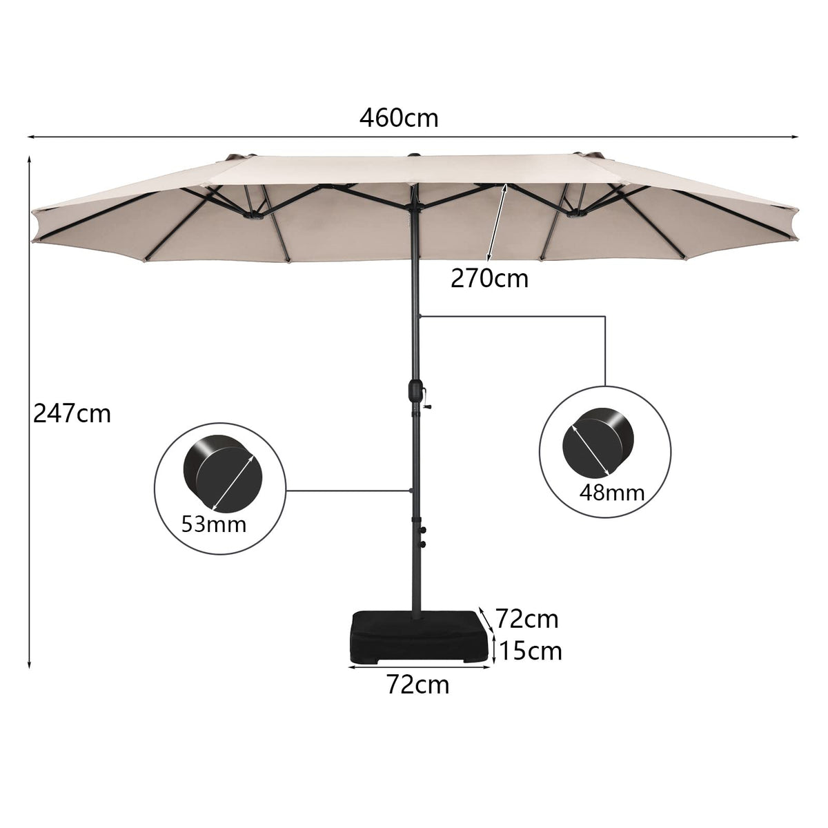 4.6 m Double-Sided Patio Umbrella with Base – Beige