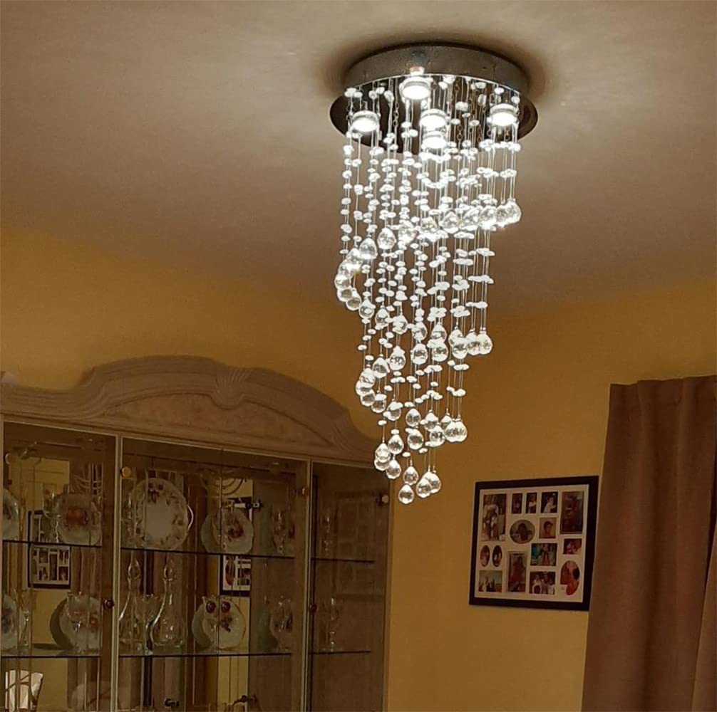 Elegant Spiral Crystal Chandelier Lights, Clear K9 Crystal Raindrop LED Ceiling Lights Chrome Flush Mount Pendant Lamp Fixture for Livingroom Dining Room Hallway Stairway Foyer D40cm H80cm A1A9