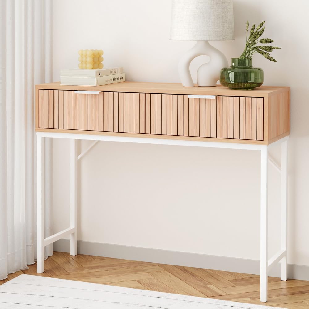 Natural Wood & White Console Table with Drawer