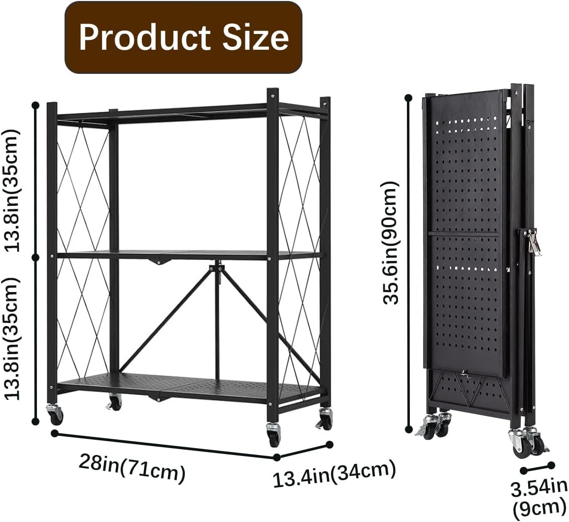3-Tier Foldable Rolling Storage Shelf – Black
