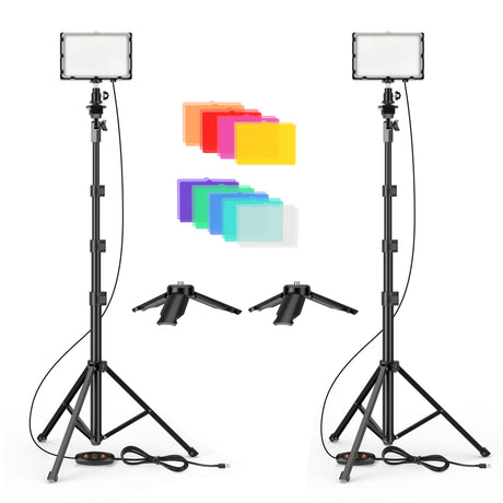 2 Packs LED Video Light, EMART Dimmable Studio Lights with Barndoor and 8 Color Filters, 5500K 66 LED Photography Lighting for Table Top Photo Video Streaming Shooting