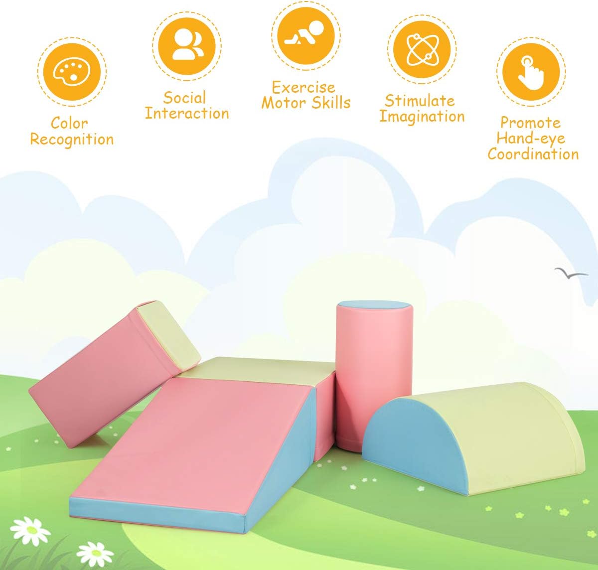 Kids Crawl & Climb Foam Play Set, 5-Piece Kids Foam Block Interactive Playset for Climbing, Crawling, Sliding, Lightweight Foam Shapes for Toddlers in Home, Kindergarten, Playroom (Pink)