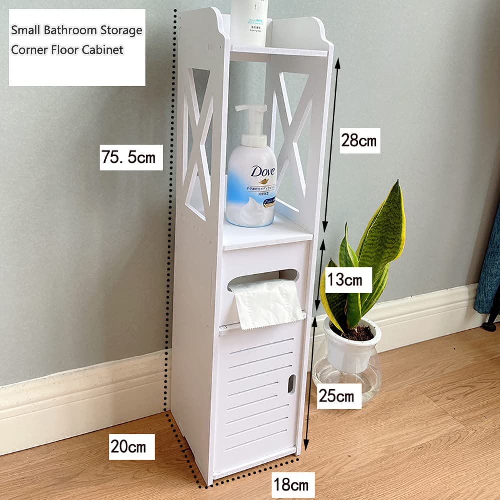 Small Bathroom Storage Corner Floor Cabinet with Doors and Shelves, Thin Toilet Vanity Cabinet, Narrow Bath Sink Organizer, Towel Storage Shelf for Paper Holder, (White)