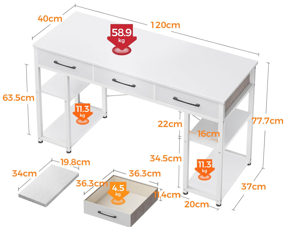 120 cm White Computer Desk with Fabric Drawers & Shelves
