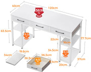 120 cm White Computer Desk with Fabric Drawers & Shelves
