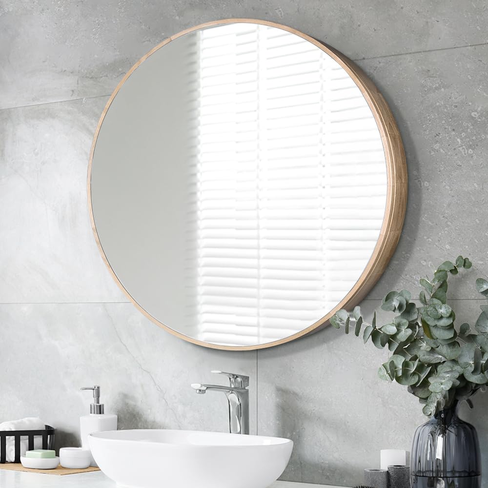 600mm Round Oak-Look Bathroom Mirror Cabinet with 3 Shelves