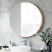 600mm Round Oak-Look Bathroom Mirror Cabinet with 3 Shelves