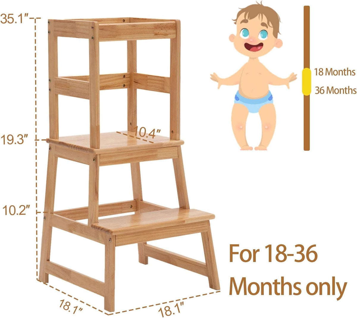Kids Kitchen Step Stool for Kids with Safety Rail,Solid Wood Construction Toddler Learning Stool, Montessori Toddlers Kitchen Stool Tower (White)