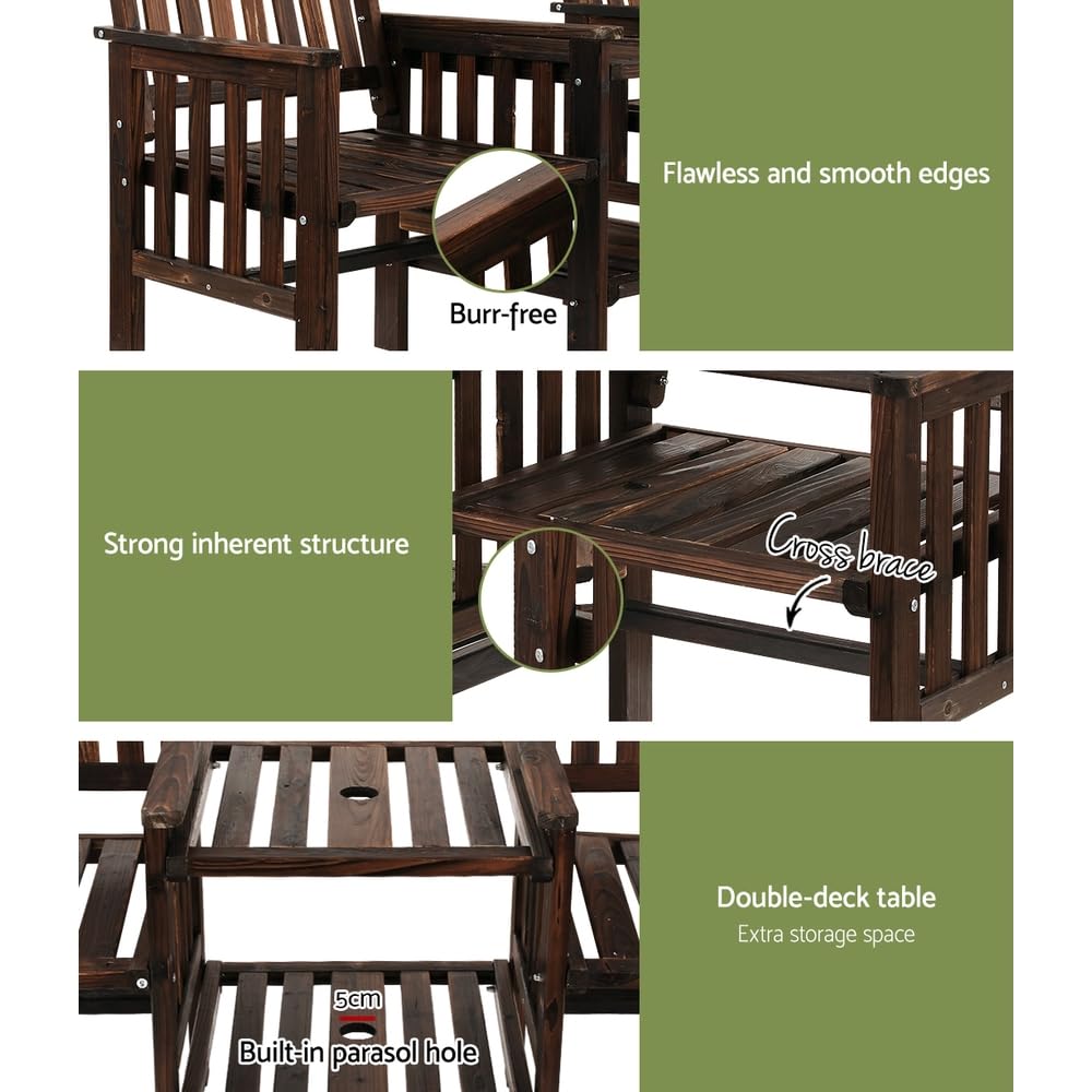 2-Seater Timber Garden Bench with Folding Table & Umbrella Hole