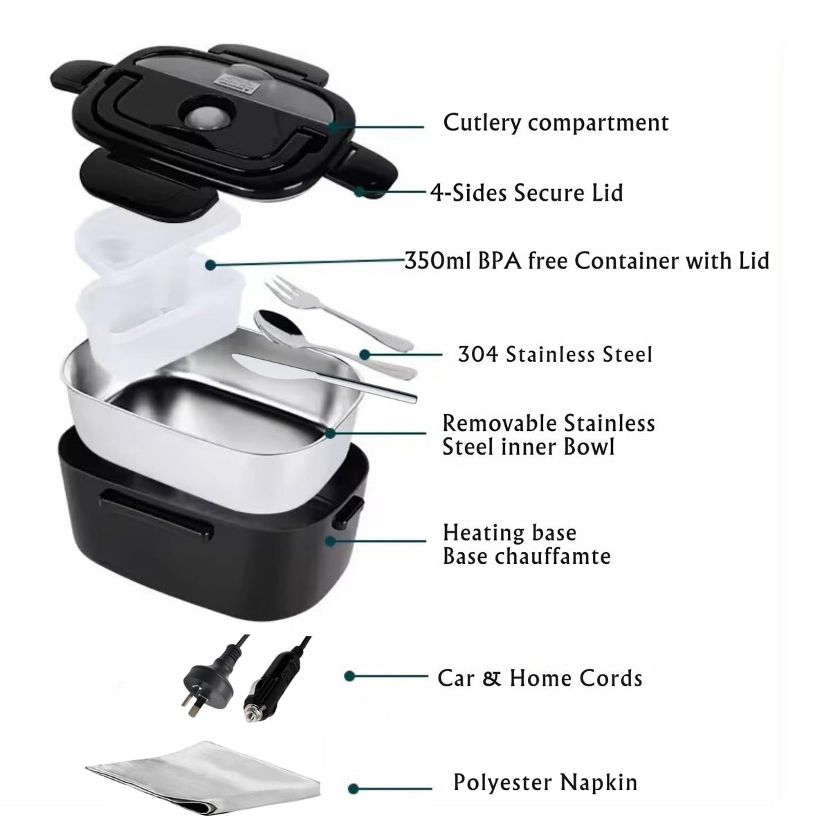 Electric Lunch Box, Food Heater Portable Warmer Leakproof Heated Box, 220V AU Socket, Heating Microwave for Car/Home with 1.5L Removable Stainless Steel Container with Spoon,Fork,Knife & Napkin,Bag