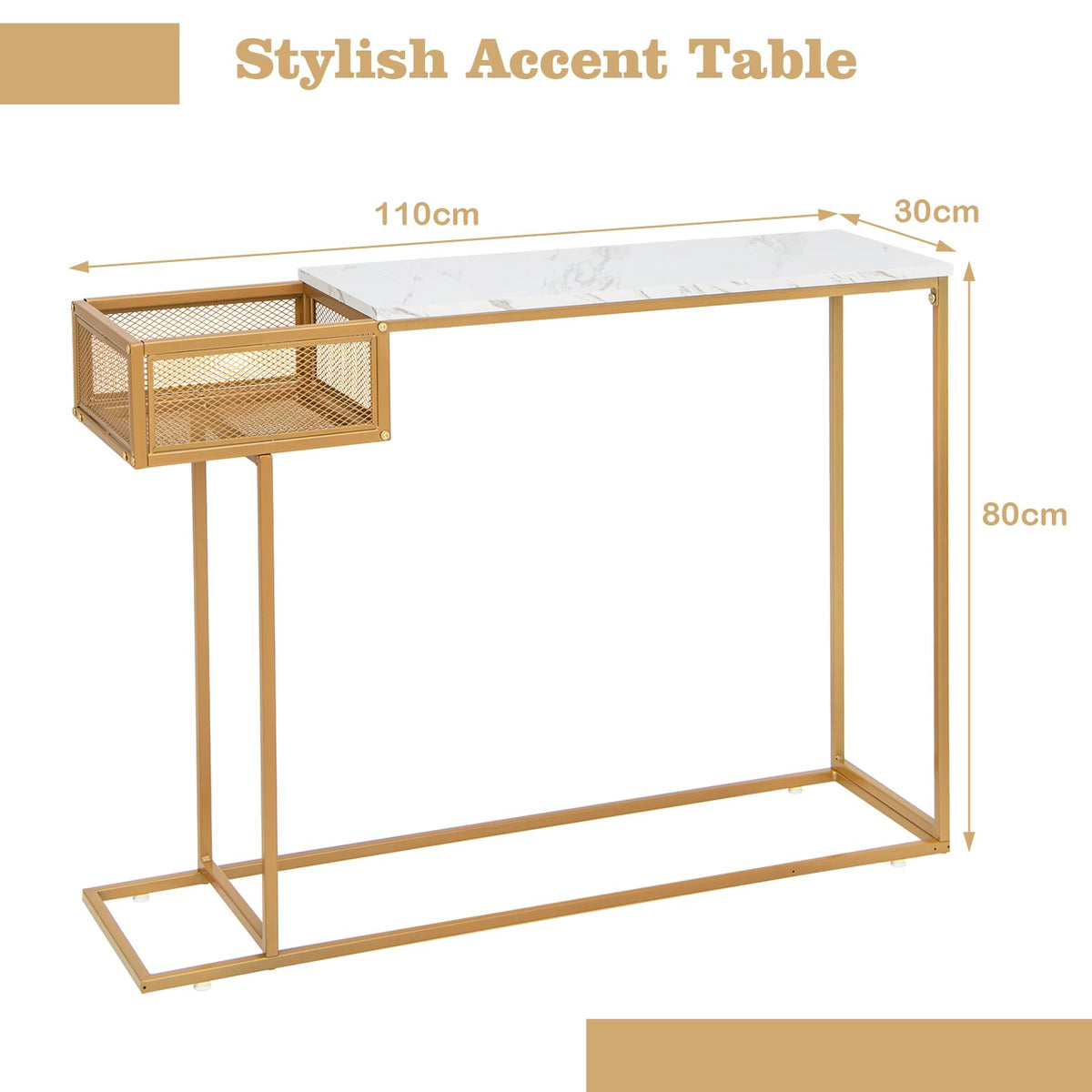 White Faux-Marble Console Table with Wire Basket