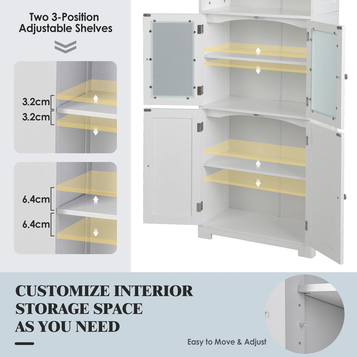 White Tall Pantry Cabinet with Glass Doors & Adjustable Shelves