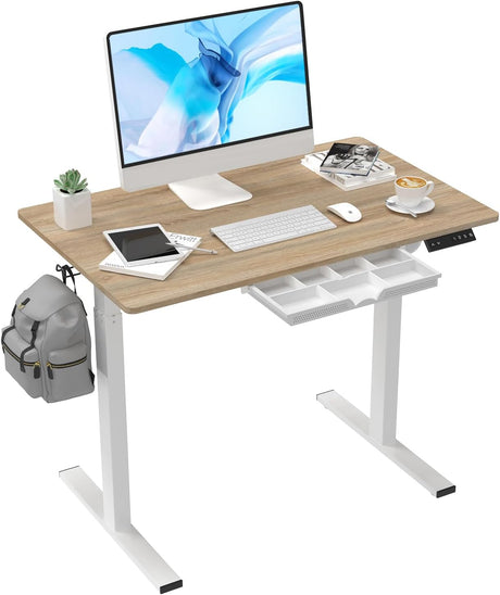 100 x 60cm Electric Standing Desk, Height Adjustable Stand Desk with Drawers,Sit Stand Computer Home Office Desk (Oak Top White Legs)