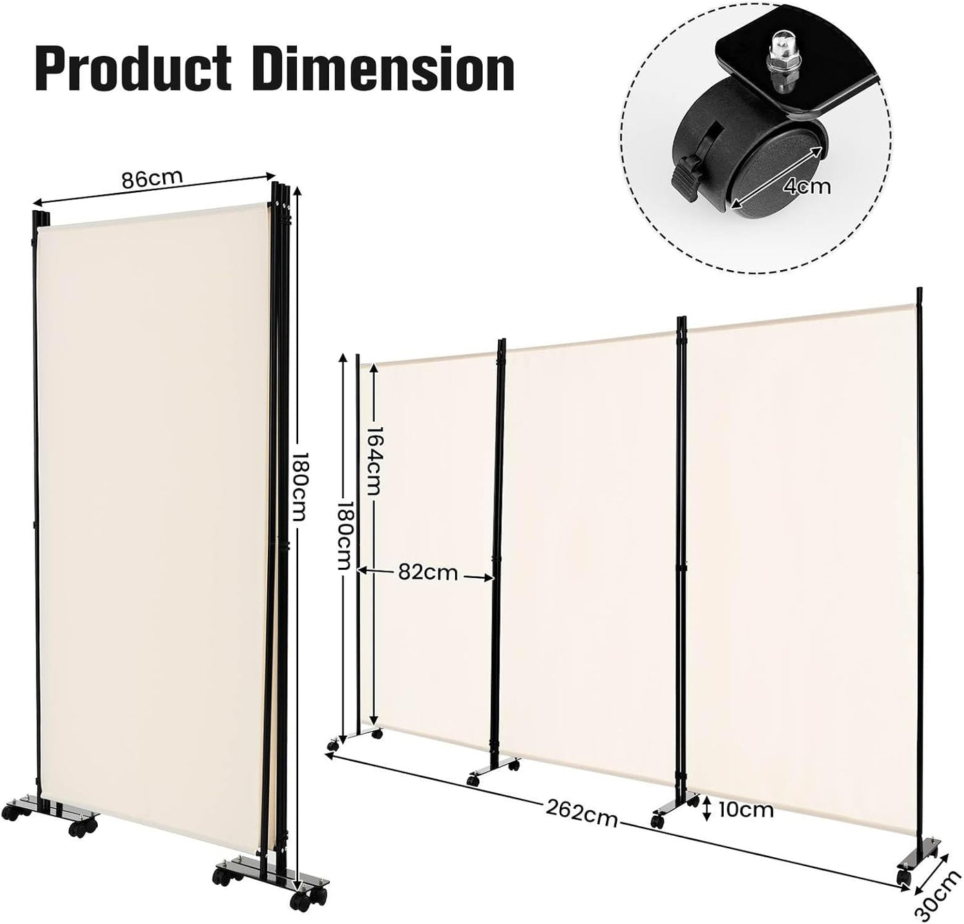 180cm Rolling 3-Panel Room Divider – Black or White Star