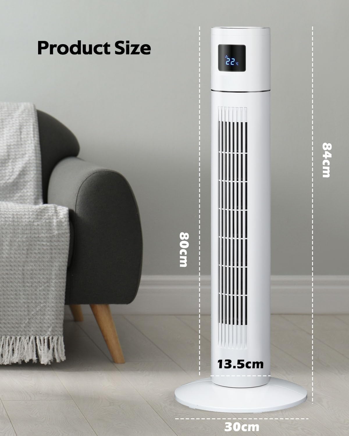 Tower Fan Portable Floor Fan Electric Cooling Fans with 3 Speed, 12H Timer, 70° Oscillating, LED Digital Display for Bedroom Home Office, White