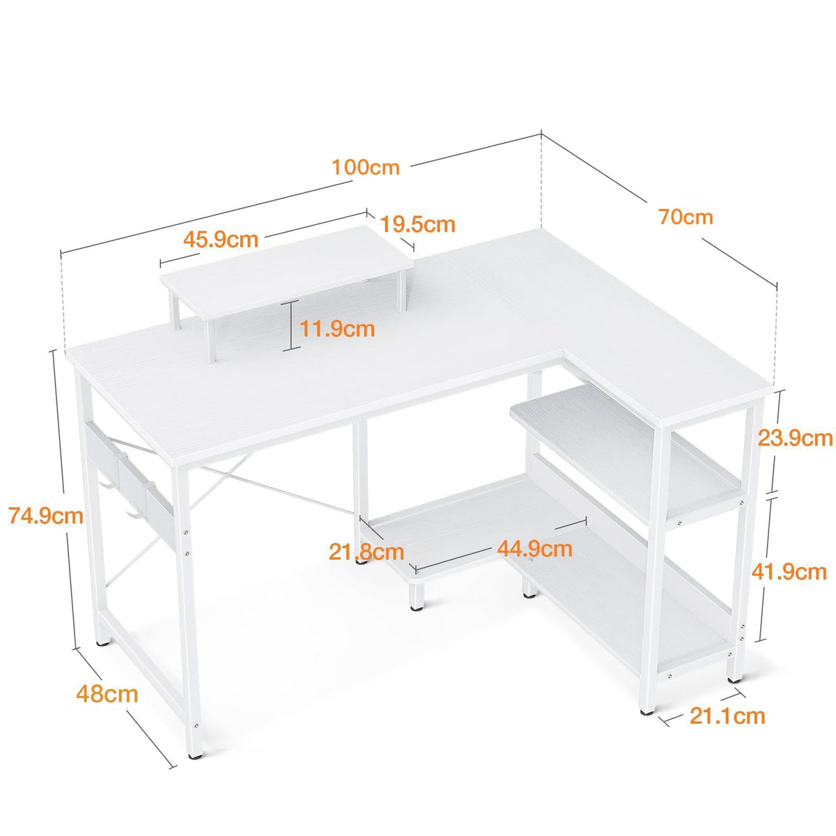 Reversible L-Shaped Desk with Shelves & Monitor Stand