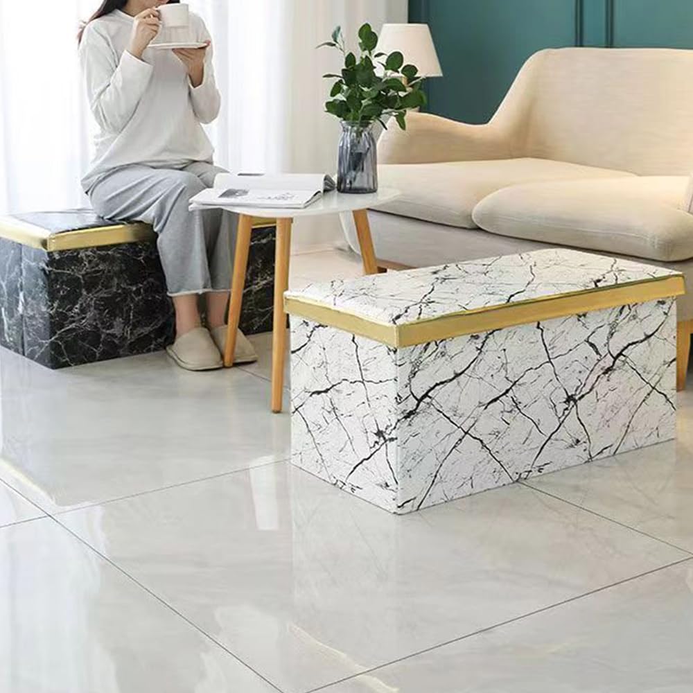 110 L Folding Storage Ottoman Bench – White & Black Marble