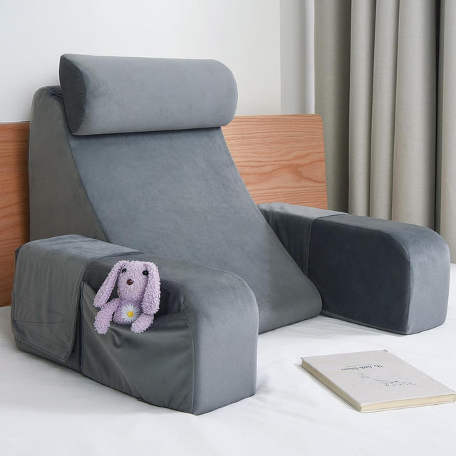 Reading Pillow,Back Pillow for Bed Sitting Up,Backrest Support Pillow with Arm and Large Pockets,Bed Chair for Reading,Gaming,Relaxing,Working or Watching TV in Bed&Floor