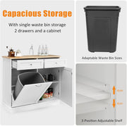 White Tilt-Out Bin Cabinet with 2 Drawers & Rubberwood Top