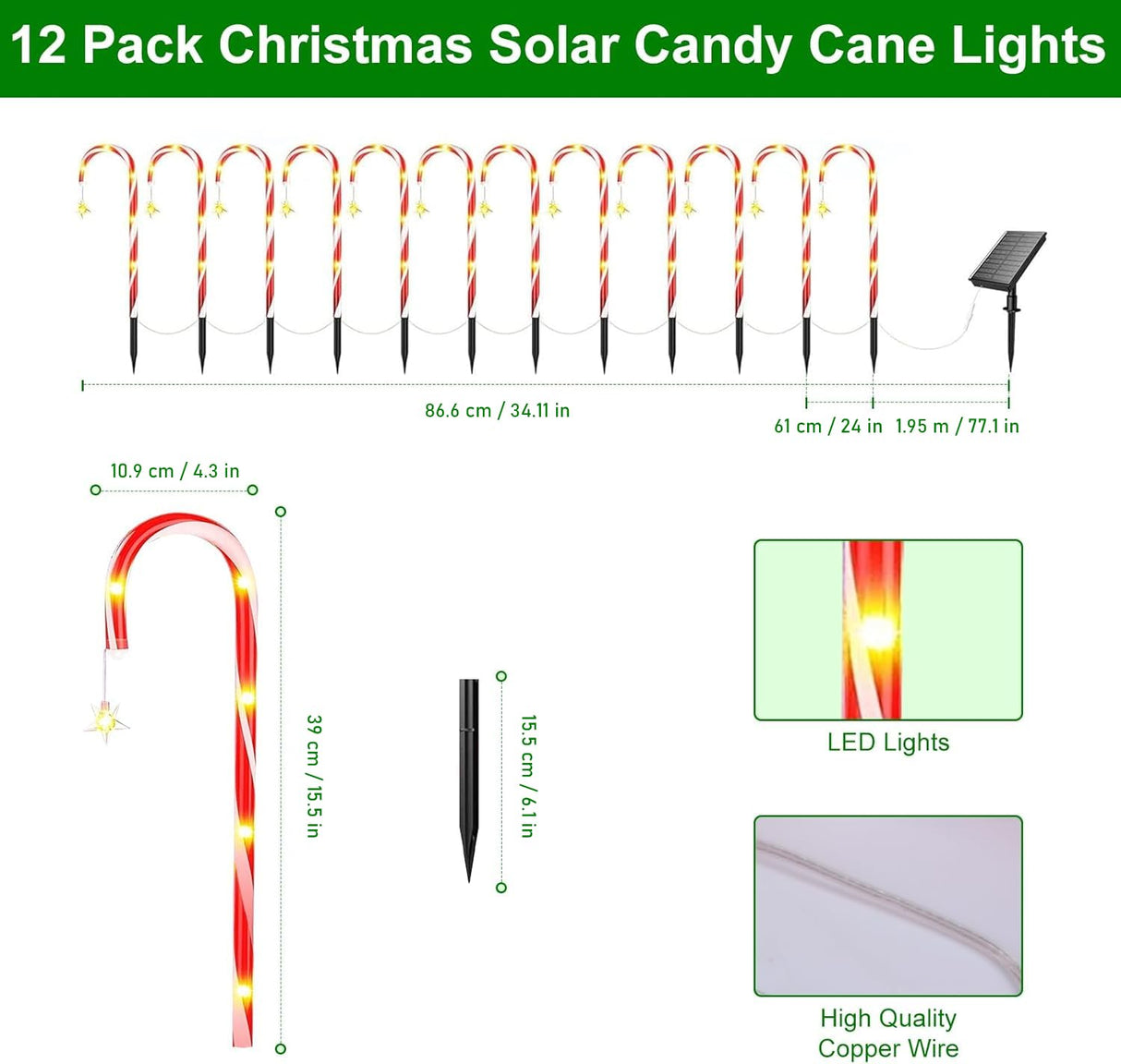 12 Pack Christmas Candy Cane Pathway Lights, Christmas Solar Stake Lights with 72 LED Lights, 8 Light Modes Christmas Decorations for Outdoor Patio Garden Yard Xmas Holiday