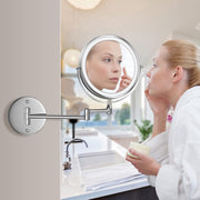 Rechargeable Wall Mounted Makeup Mirror with Lights,8 Inch Double-Sided LED Vanity Mirror 1X/10X Magnification,3 Color Lighting Dimmable Touch Screen 13 Inch Retractable (Black, 1/10X) (Chrome)