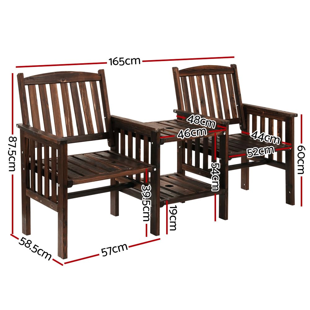 2-Seater Timber Garden Bench with Folding Table & Umbrella Hole