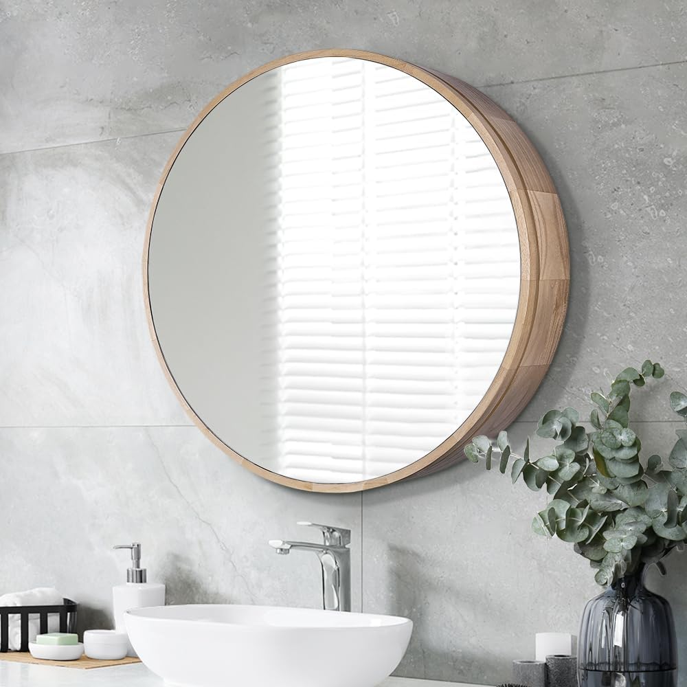 600mm Round Oak-Look Bathroom Mirror Cabinet with 3 Shelves