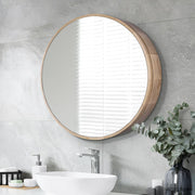 600mm Round Oak-Look Bathroom Mirror Cabinet with 3 Shelves