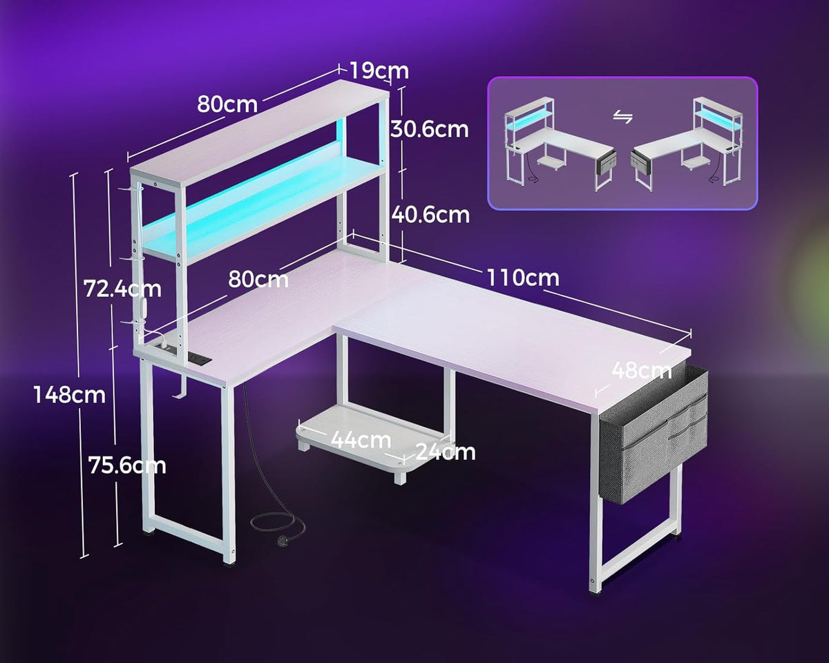 ODK Reversible L-Shaped Desk with LED Lights & Power Outlets