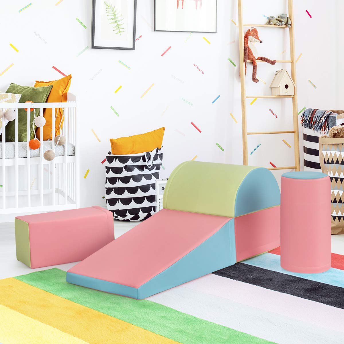 Kids Crawl & Climb Foam Play Set, 5-Piece Kids Foam Block Interactive Playset for Climbing, Crawling, Sliding, Lightweight Foam Shapes for Toddlers in Home, Kindergarten, Playroom (Pink)