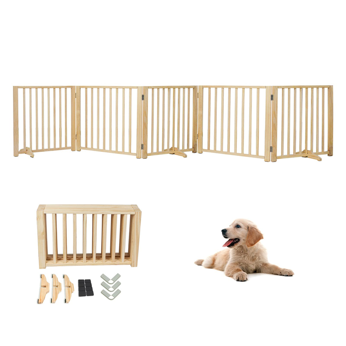 5-Panel Pine Freestanding Pet Gate – 304 × 43 cm