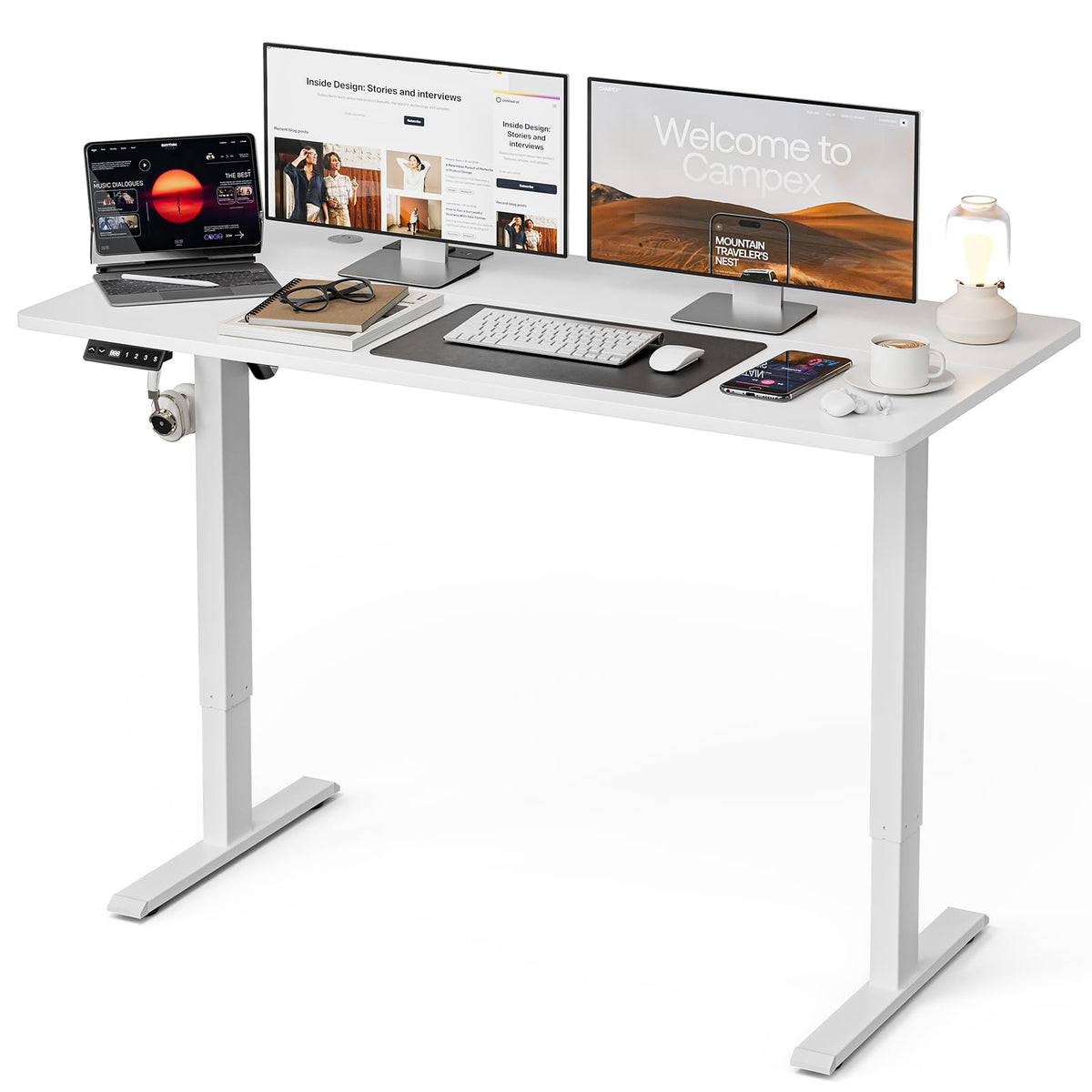 120 × 60 cm Electric Standing Desk with Cable Management – White