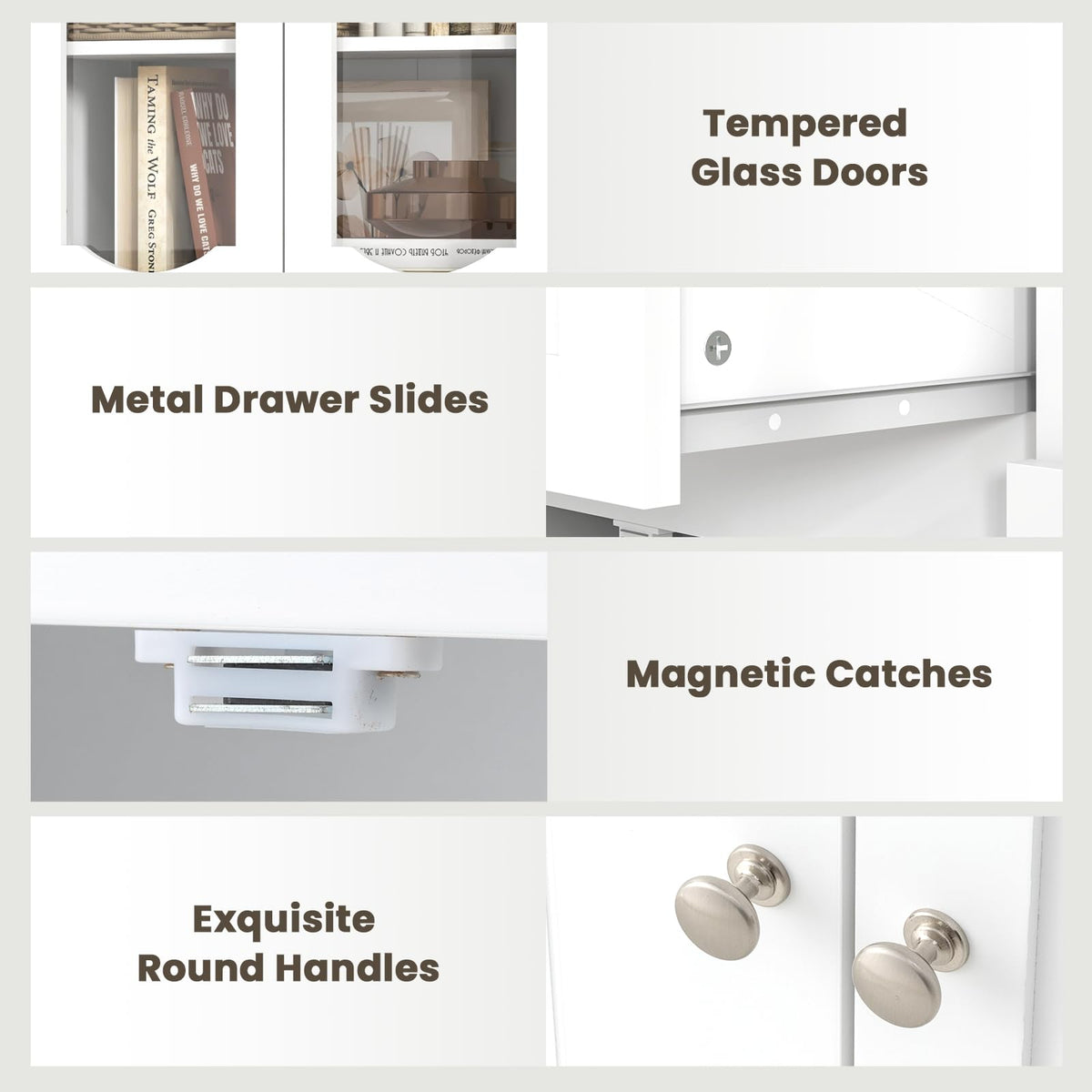 160 cm White Storage Cabinet with Glass Doors & Drawer