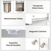 160 cm White Storage Cabinet with Glass Doors & Drawer
