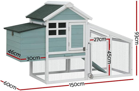 i.Pet Chicken Coop Rabbit Hutch with Hatching Box for Egg Collection 2-Tier Wooden Bunny Cage Guinea Pig House with Outdoor Play Run and Water-Resistant Roof Green and White 150cm x 60cm x 93cm